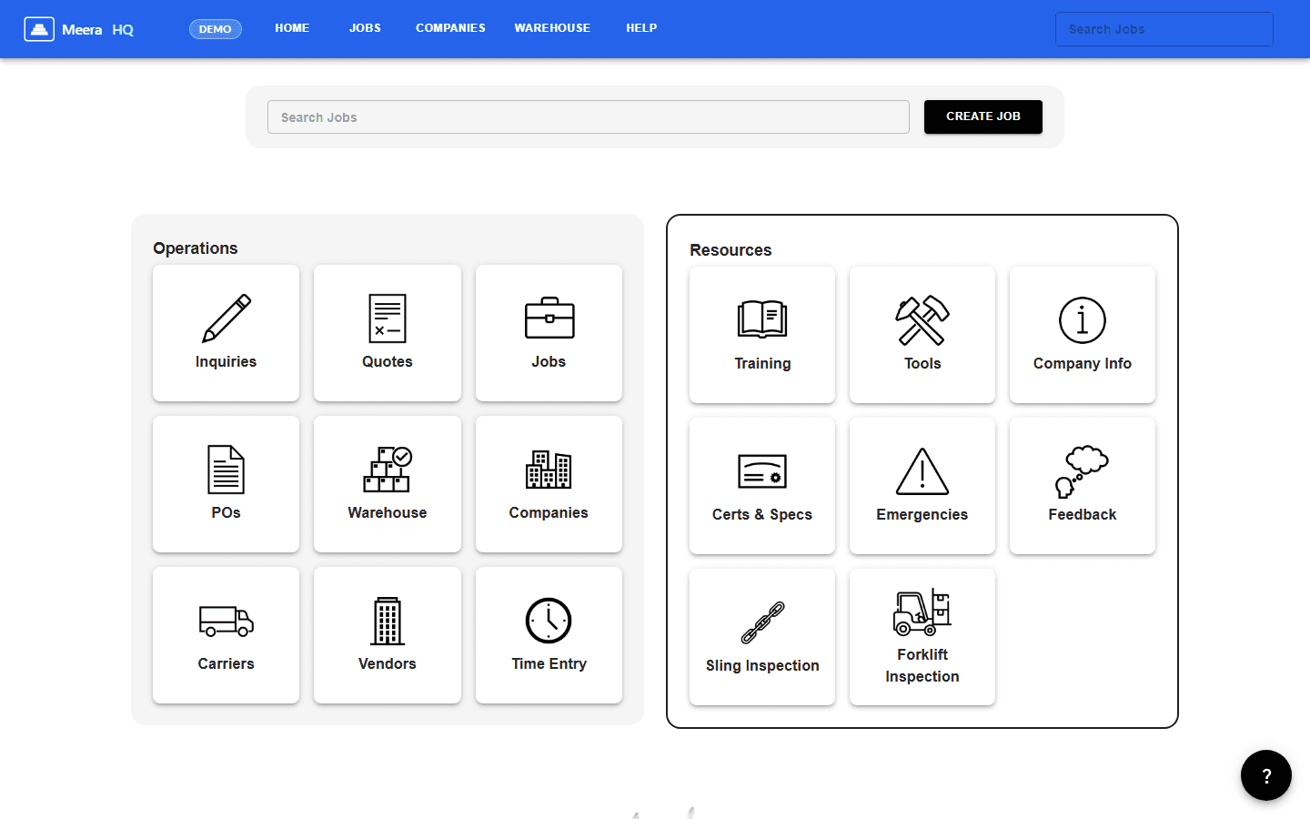 Meera HQ home — module grid showing Inquiries, Quotes, Jobs, POs, Warehouse, Companies, Carriers, Vendors, Training, Tools, Inspections, and more