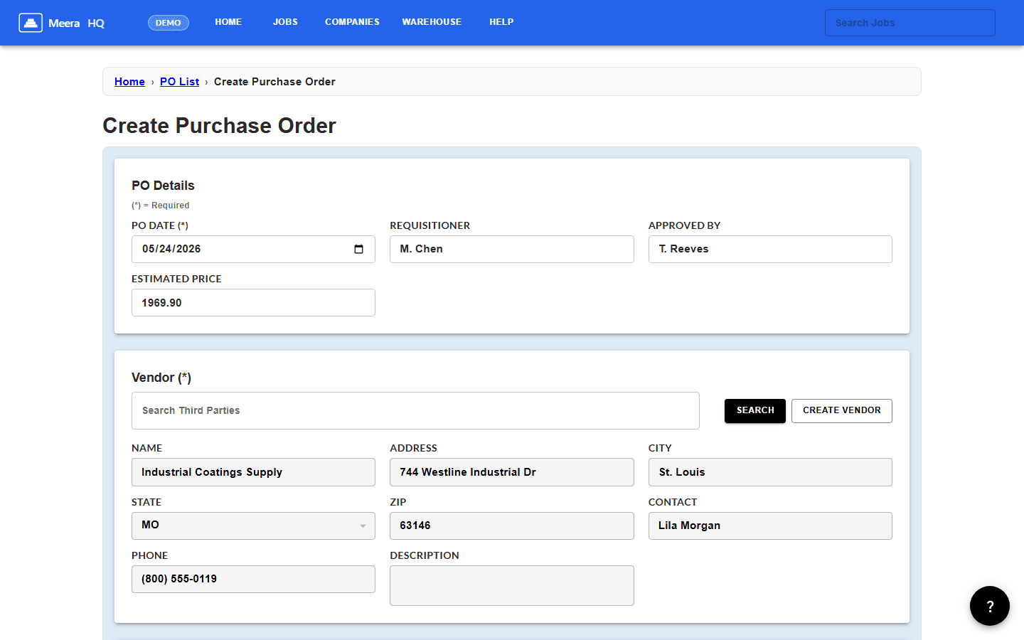 Meera HQ Create Purchase Order form with vendor lookup and PO details