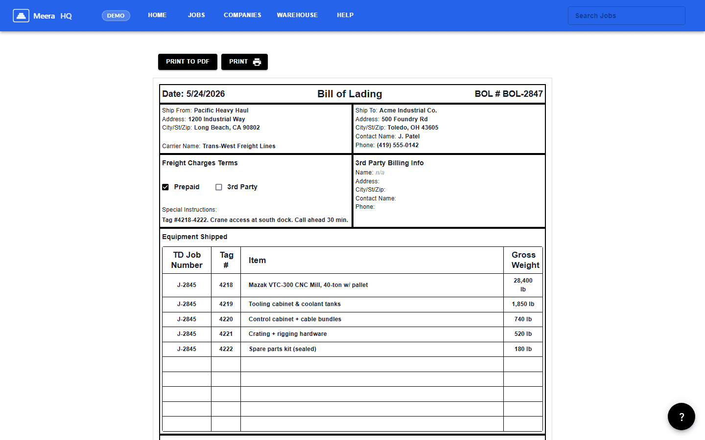 Meera HQ Bill of Lading template with shipper, receiver, and equipment line items