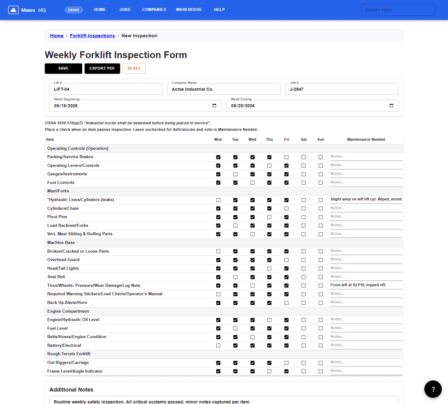 Meera HQ Weekly Forklift Inspection Form citing OSHA 1910.178 with day-by-day inspection grid